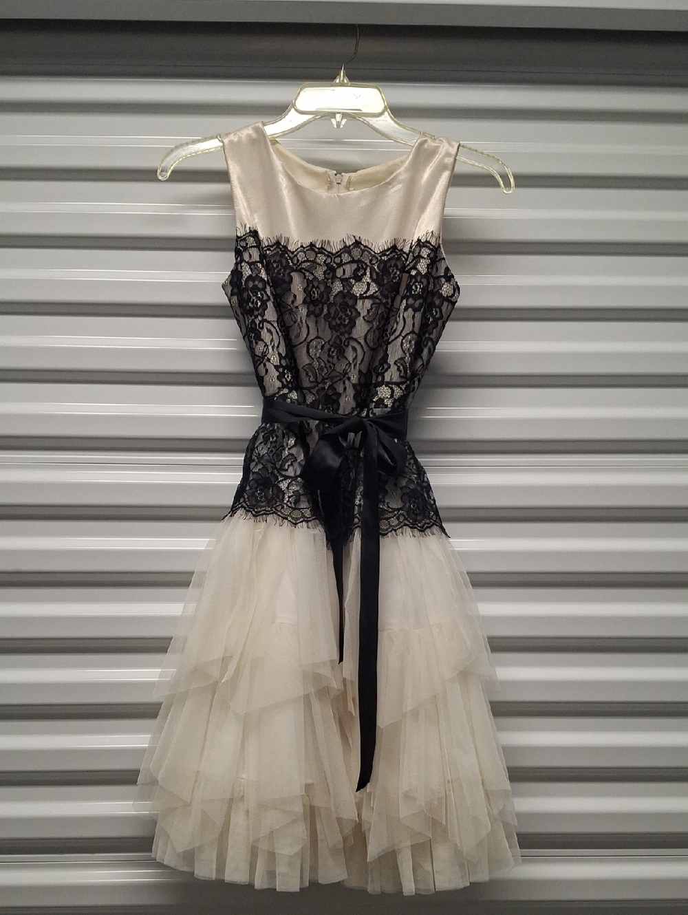 Cream Tulle Dress with Black Lace Bodice and Satin Tie